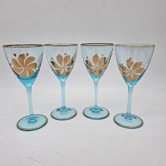 Unbranded Other - Vintage Romanian Blue Stemmed Wine Glasses With Gold Floral Design Set Of 4